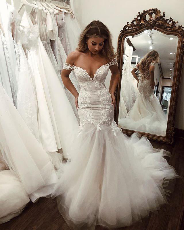 Off the Shoulder Lace Mermaid Wedding Dresses With Long Train