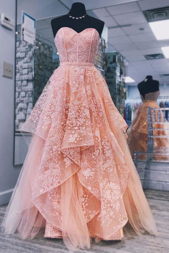 A Line Sweetheart Floor Length Lace Prom Dresses, Strapless Tulle Party Dresses N2631