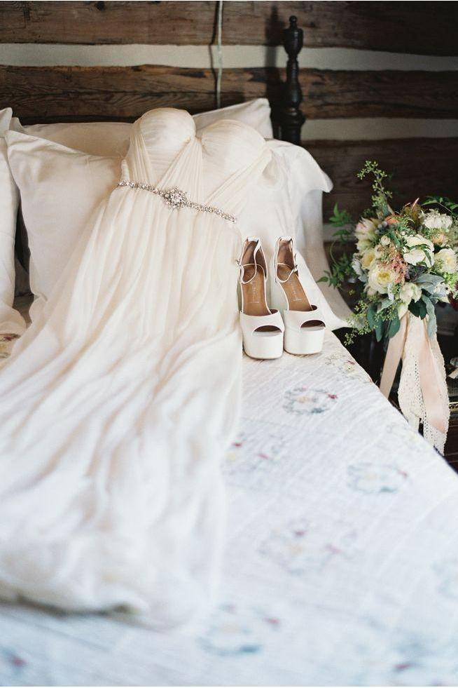 Ivory Off the Shoulder Beach Wedding Dresses with Beading Waist