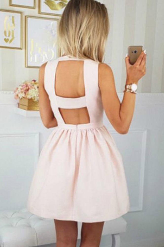Unique V Neck Satin Homecoming Dresses with Pocket Short Prom Dresses with Open Back N1893