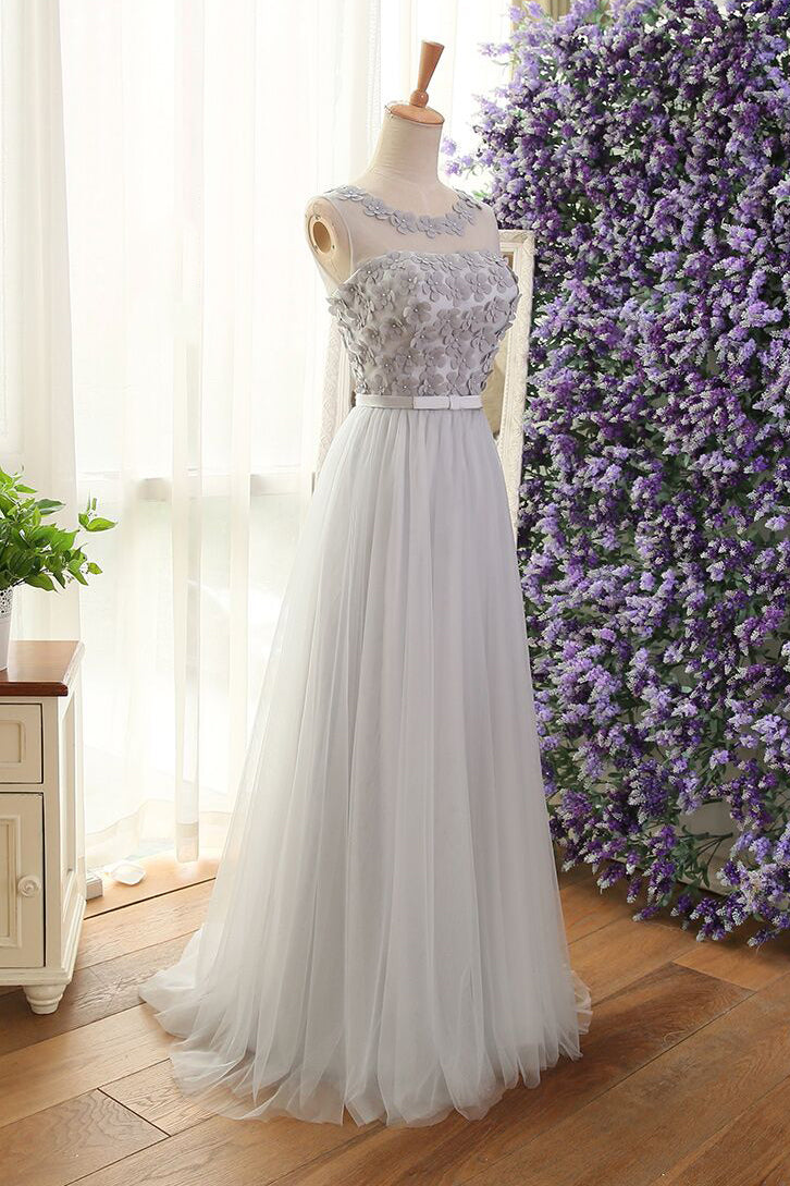 Pink Sleeveless Prom Dresses with Flowers A Line Floor Length Tulle Evening Dresses N1775