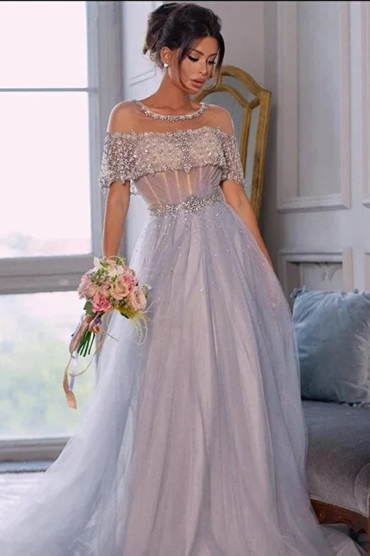 Beading A-Line Chic Sheer Neck Evening Dress Tulle Long Prom Dress