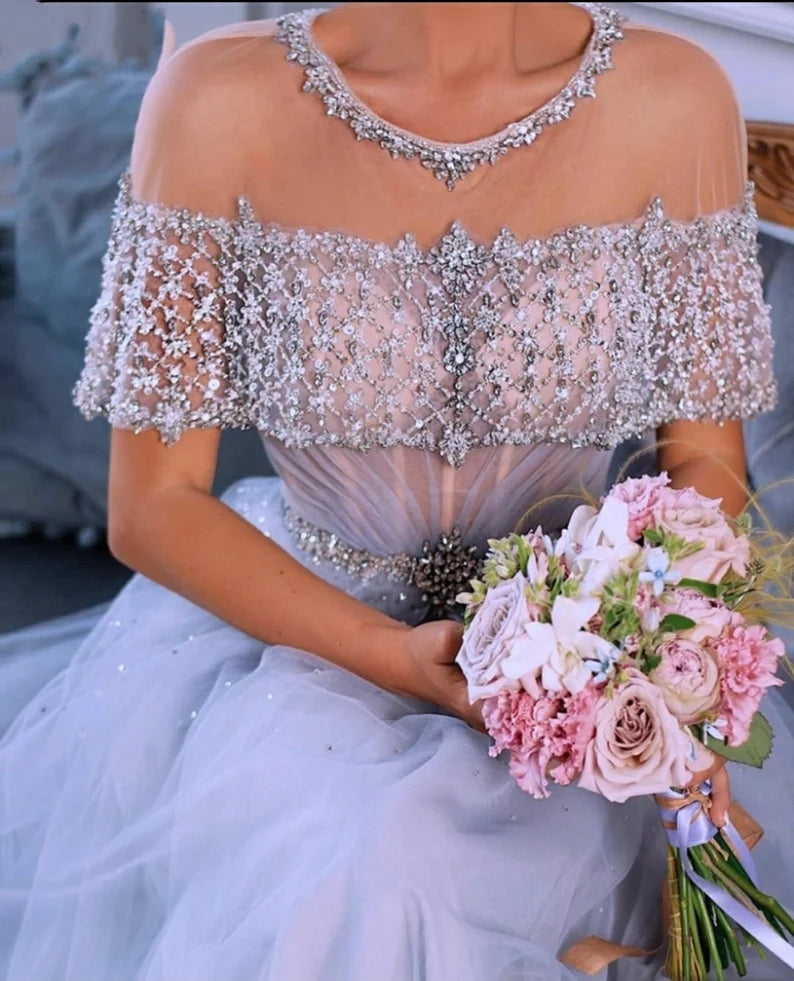 Beading A-Line Chic Sheer Neck Evening Dress Tulle Long Prom Dress