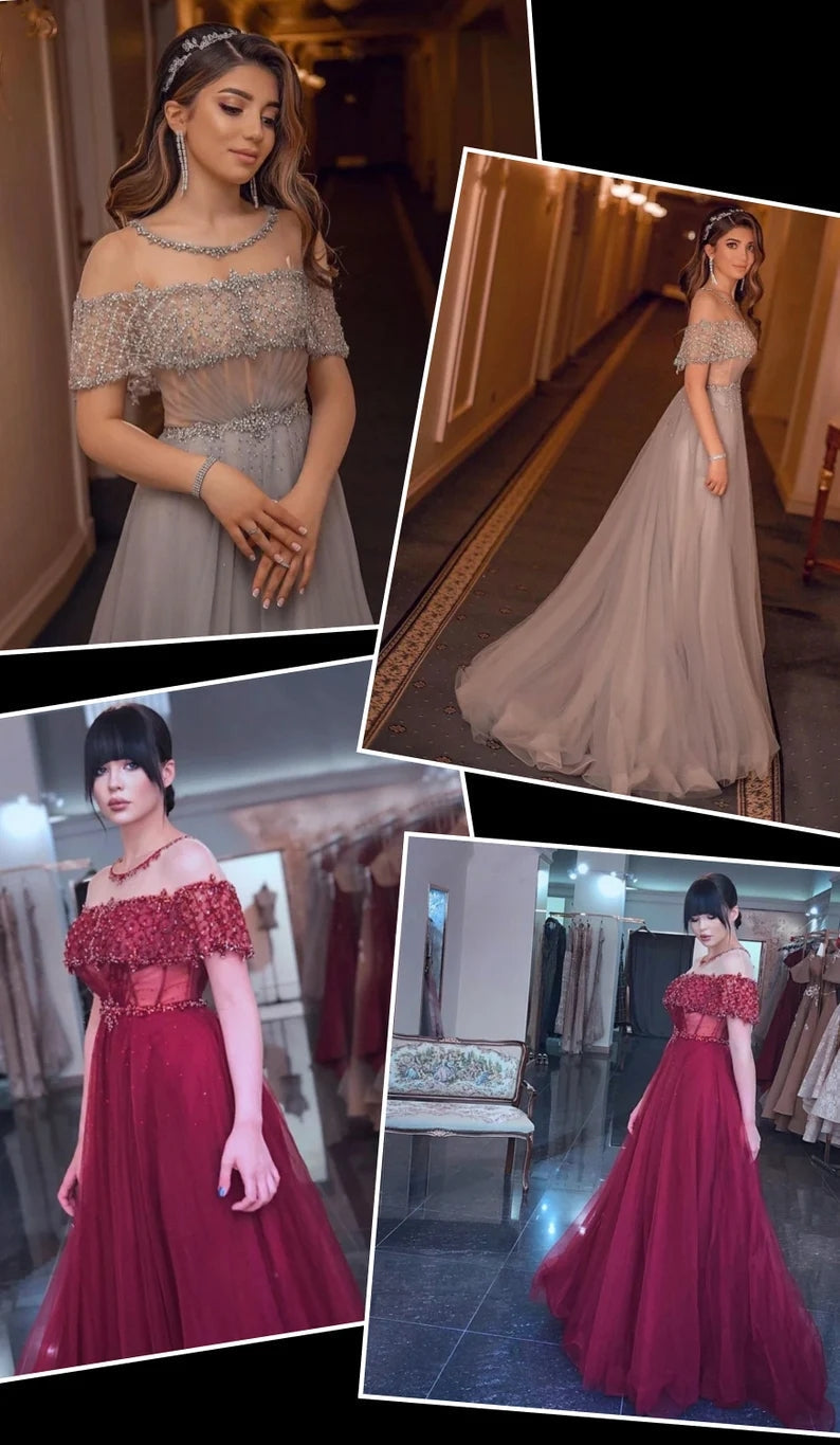 Beading A-Line Chic Sheer Neck Evening Dress Tulle Long Prom Dress