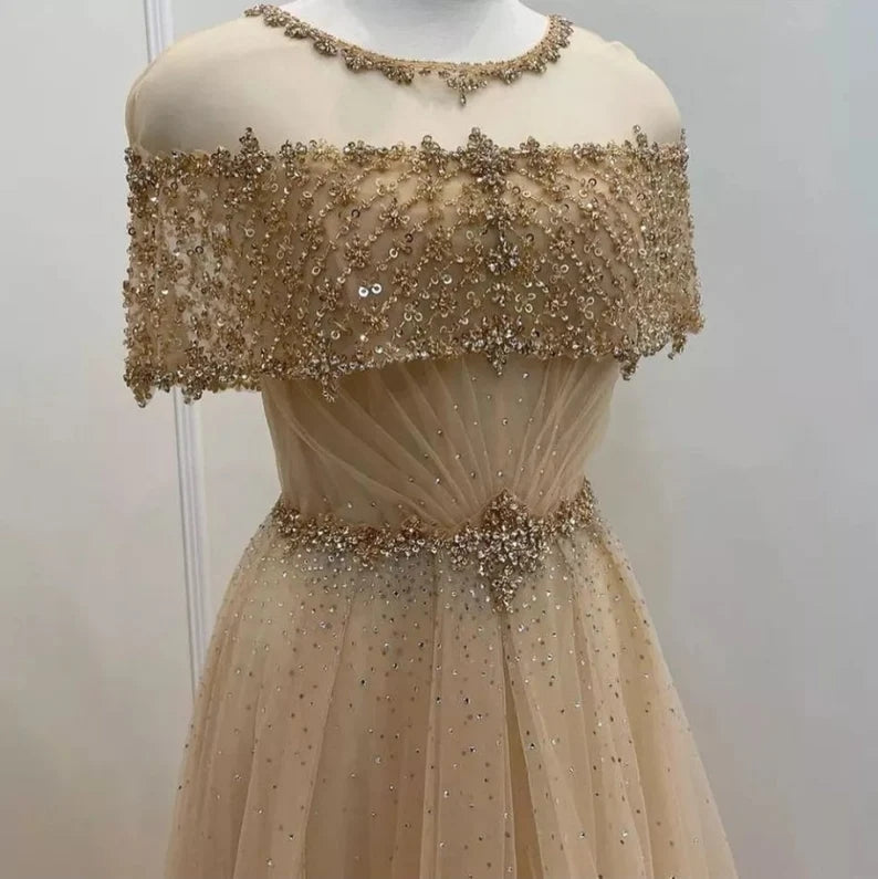 Beading A-Line Chic Sheer Neck Evening Dress Tulle Long Prom Dress