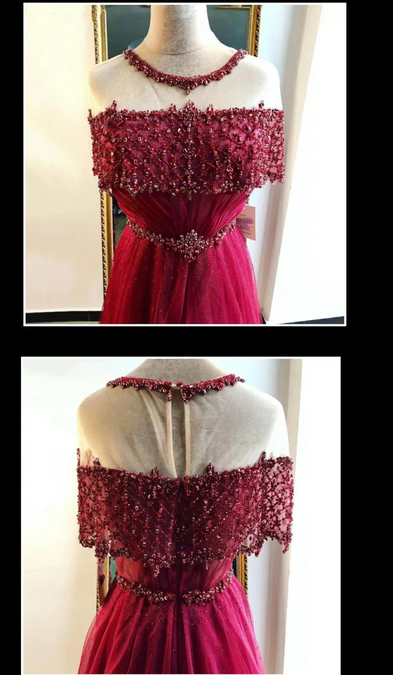 Beading A-Line Chic Sheer Neck Evening Dress Tulle Long Prom Dress