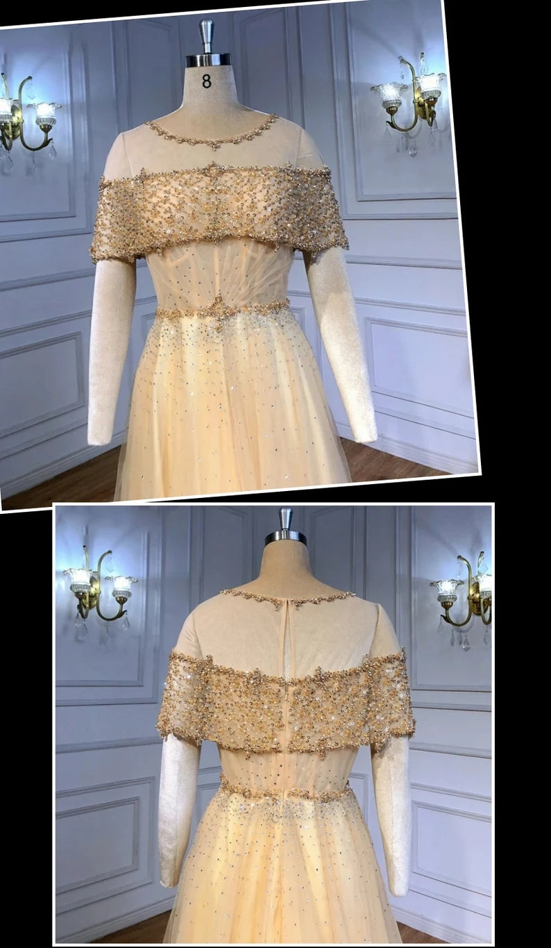 Beading A-Line Chic Sheer Neck Evening Dress Tulle Long Prom Dress