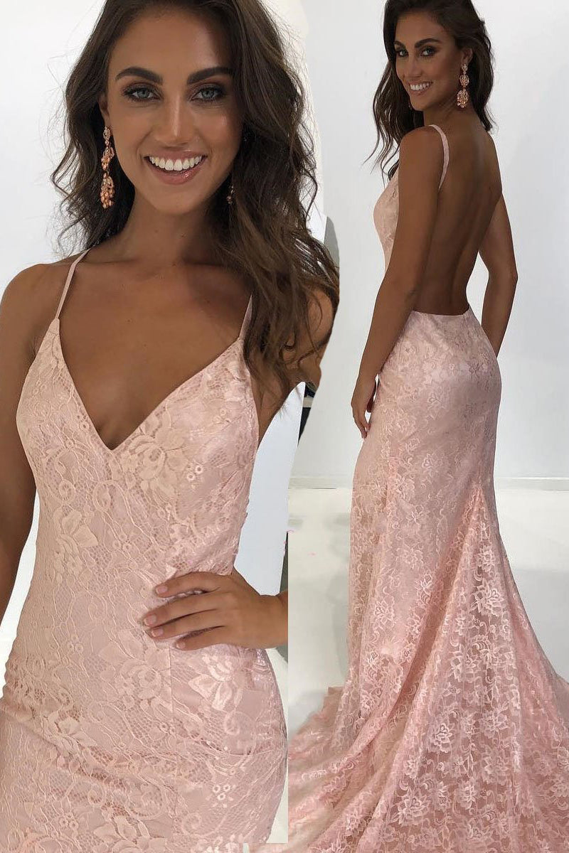 Pearl Pink V-Neck Lace Amazing Mermaid Long Backless Prom Dress