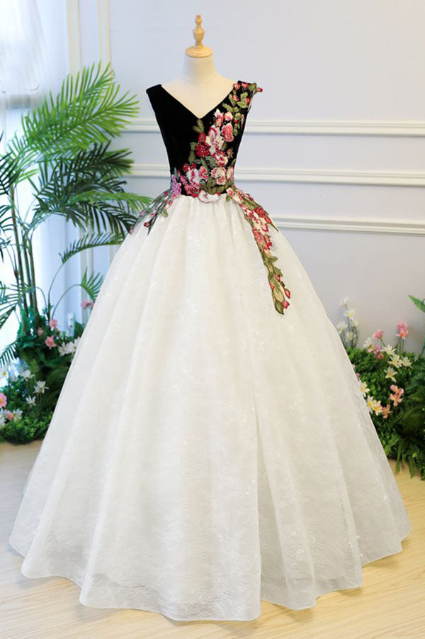 Puffy V Neck Lace Prom Dress with Appliques, Cheap Lace Quinceanera Dress N1556