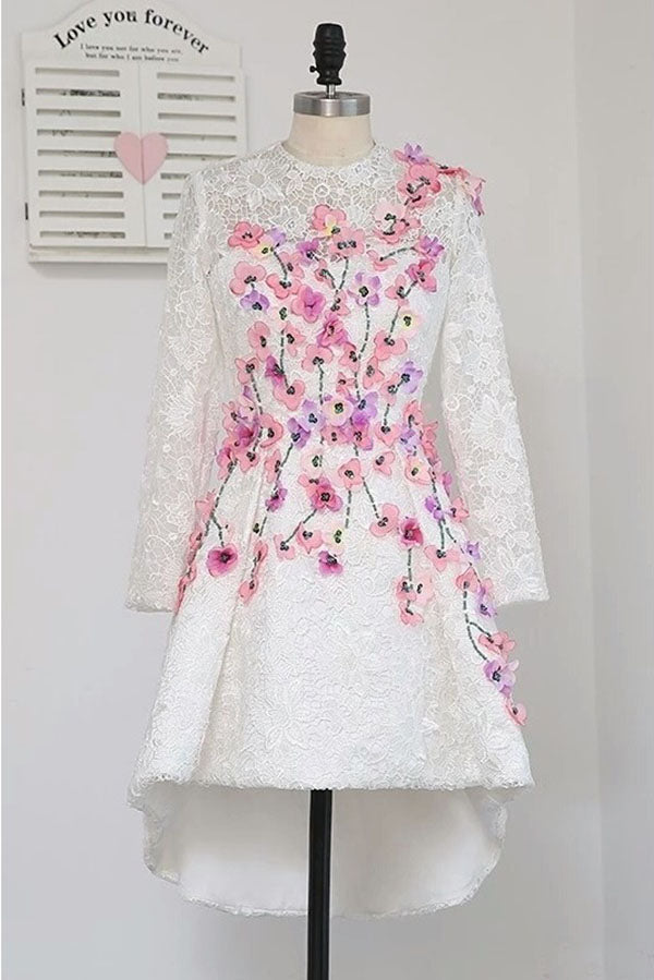 High Low Lace Homecoming Dress with Appliques, Long Sleeve Lace Prom Dress