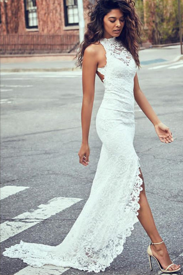 Sexy Mermaid Jewel Lace Backless Wedding Dresses With Court Train