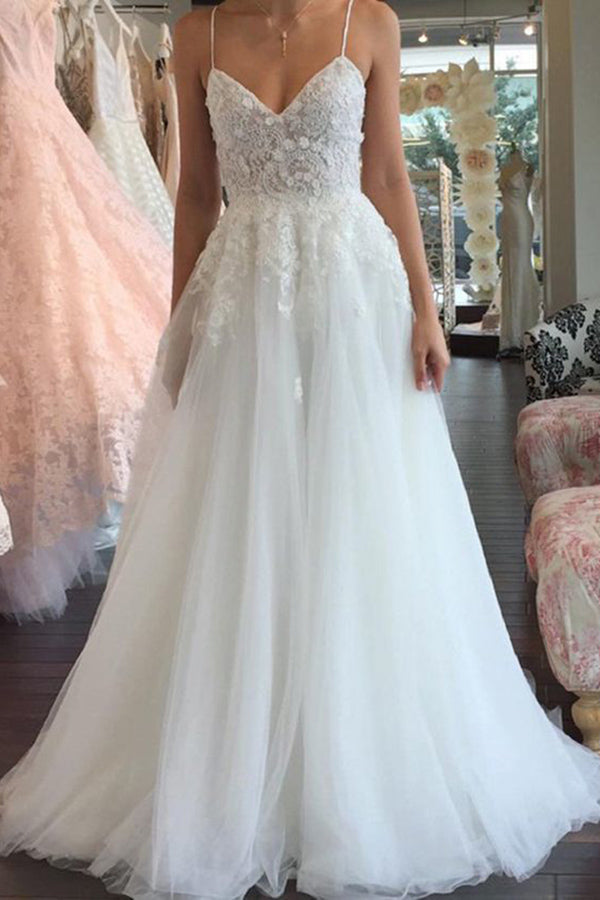 A Line Spaghetti Straps V Neck Floor Ivory Tulle Beach Wedding Dress with  Appliques – Simibridaldresses