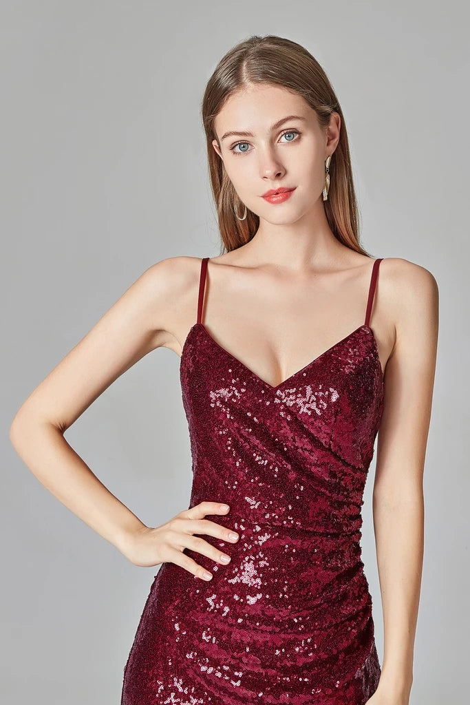 Spaghetti Straps Burgundy Sequins Prom Dresses Party Dresses XU90811
