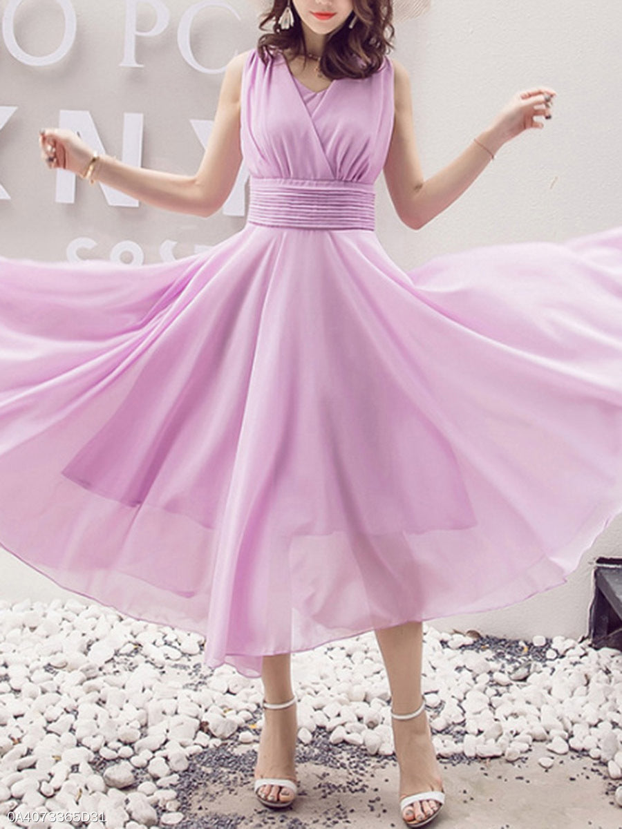 Peach Summer V-Neck Plain Chiffon Maxi Dresses  Flowy Long Bridesmaid Dresses N1564