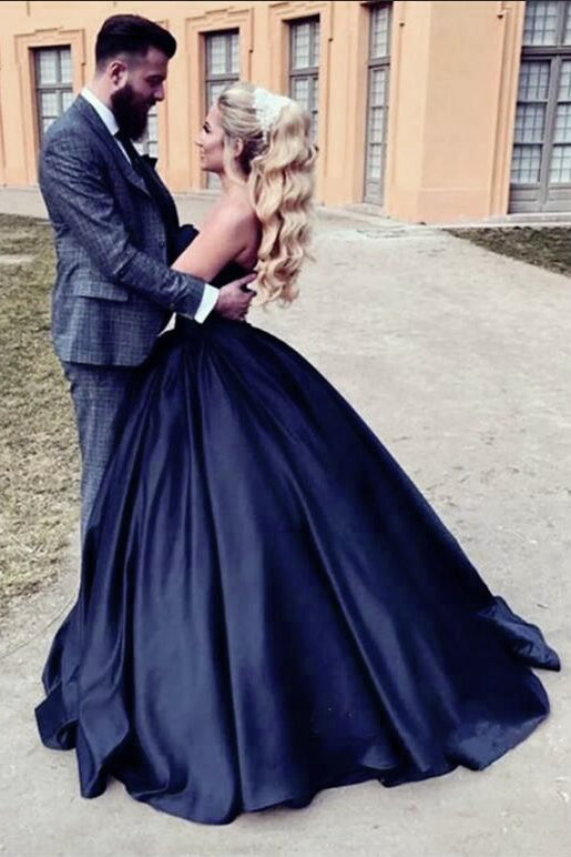 Navy Blue Ball Gown Sweetheart Prom Dresses Princess Satin Strapless Long Prom Gown N1578