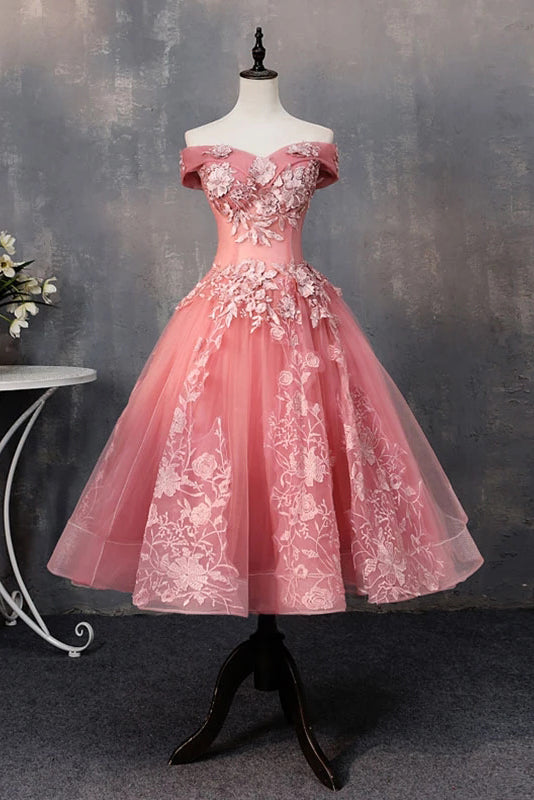 Knee Length Tulle Graduation Dress with Appliques, Off the Shoulder Dress with Flowers N2134