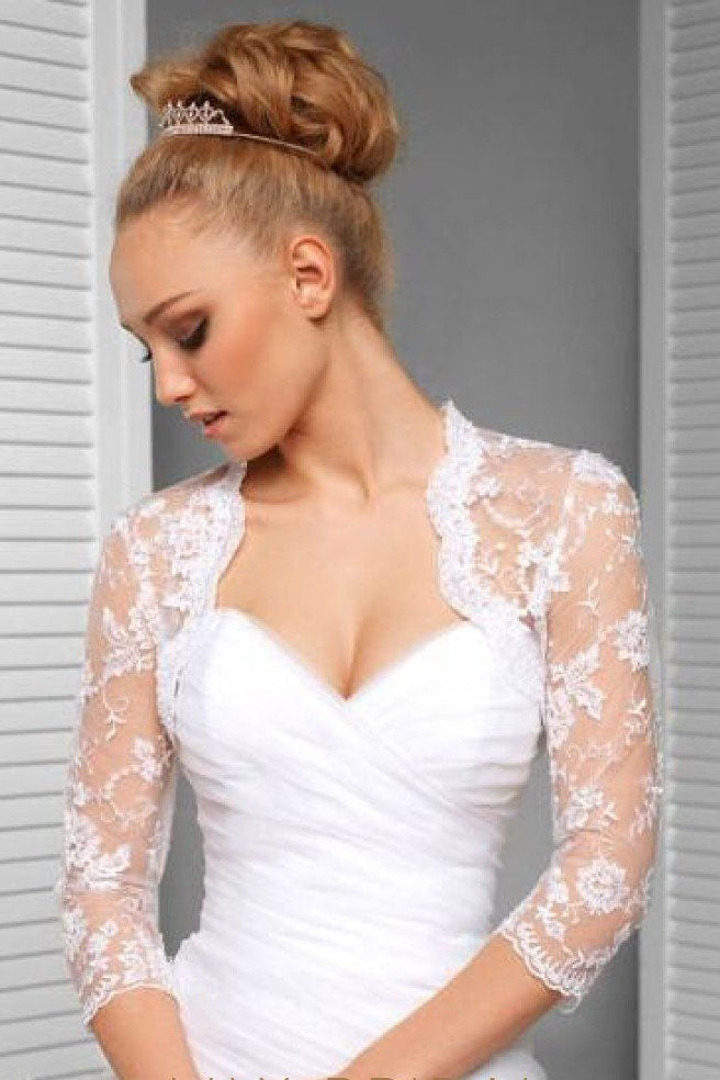 3/4 Sleeve Exquisite Lace Applique Bridal Jacket Scalloped Top Neck, Wedding Jacket