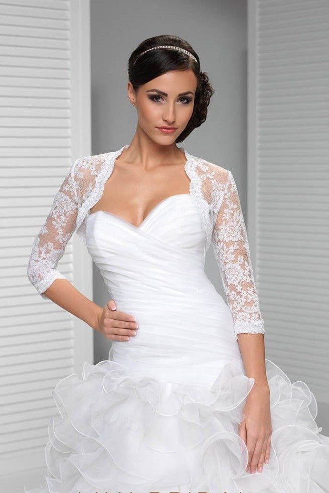 3/4 Sleeve Lace Wedding Cape White Lace Bridal Top, White Lace Wedding Jacket