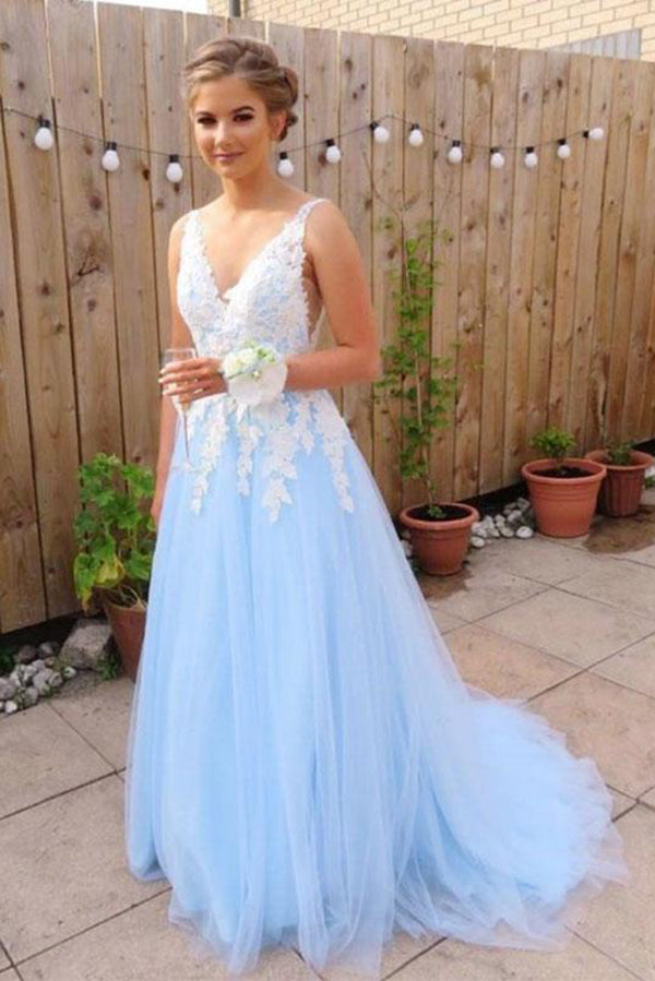 Elegant V Neck Sleeveless Lace Appliques Tulle Light Blue Prom Dresses