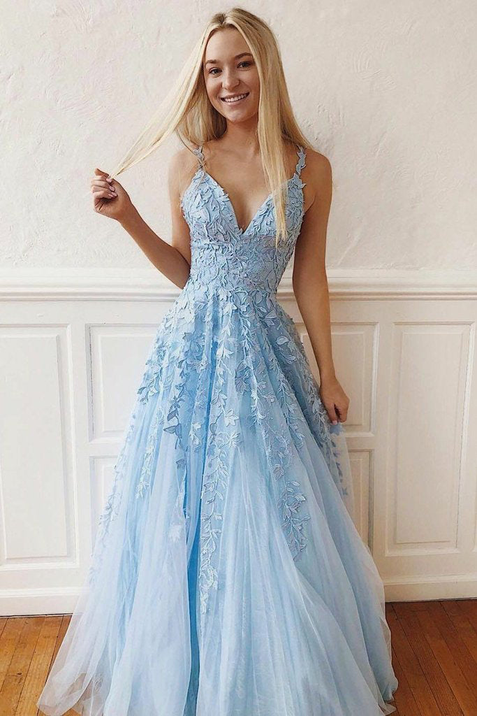 Light Sky Blue Straps V Neck Prom Dress with Lace, Backless Long Formal