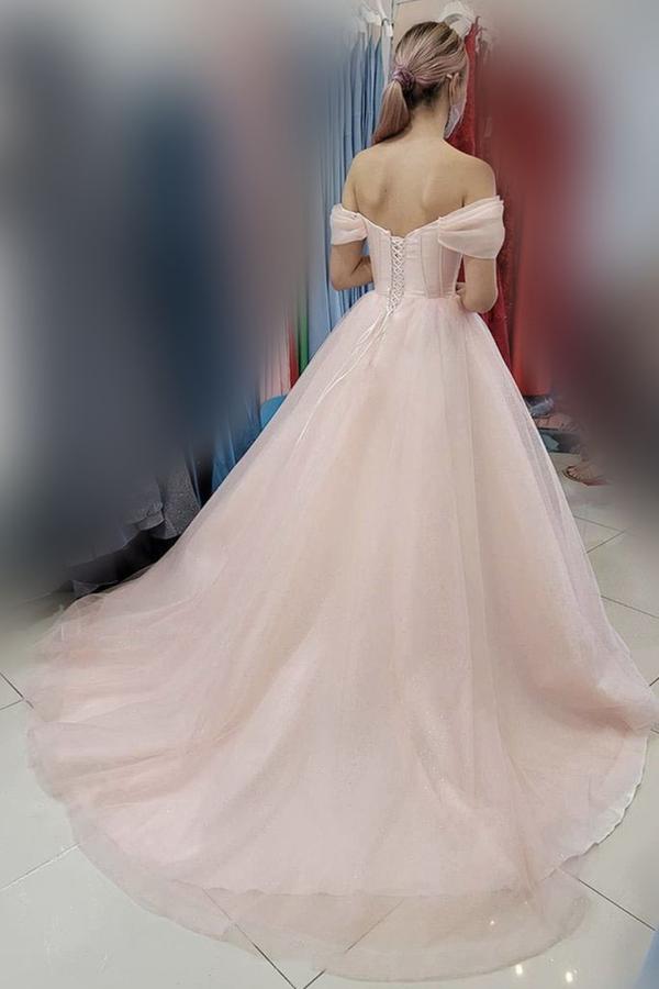 Light Pink Off The Shoulder A-Line Party Dress Long Tulle Prom Evening Dress