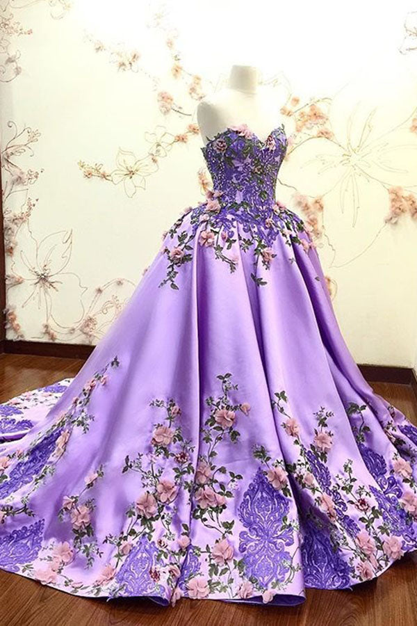 Lilac Ball Gown Sweetheart Prom Dress, Gorgeous Party Dress with Lace Appliques