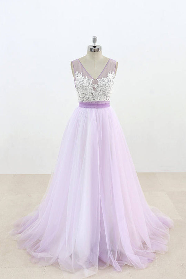 Lilac V-Neck Sleeveless Tulle Wedding Dresses Lace Appliqued Bridal Gown with Belt N817