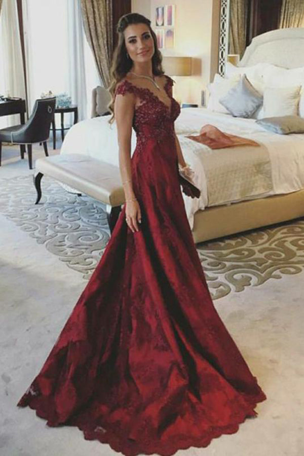 A Line V Neck Sleeveless Appliques Prom Dresses Dark Red Popular