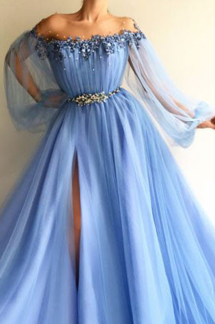 Elegant Blue Long Sleeves Off the Shoulder Beaded Crystal Split Prom Dresses N1277