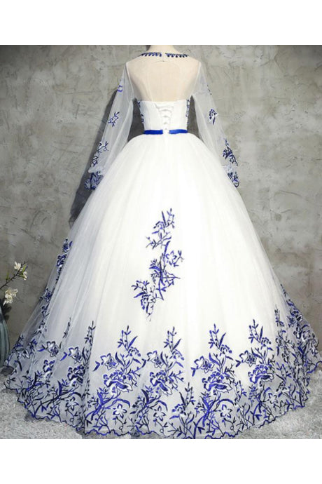 Ivory Long Sleeve Tulle Prom Dresses with Appliques Puffy Appliqued Long Evening Dresses N1171