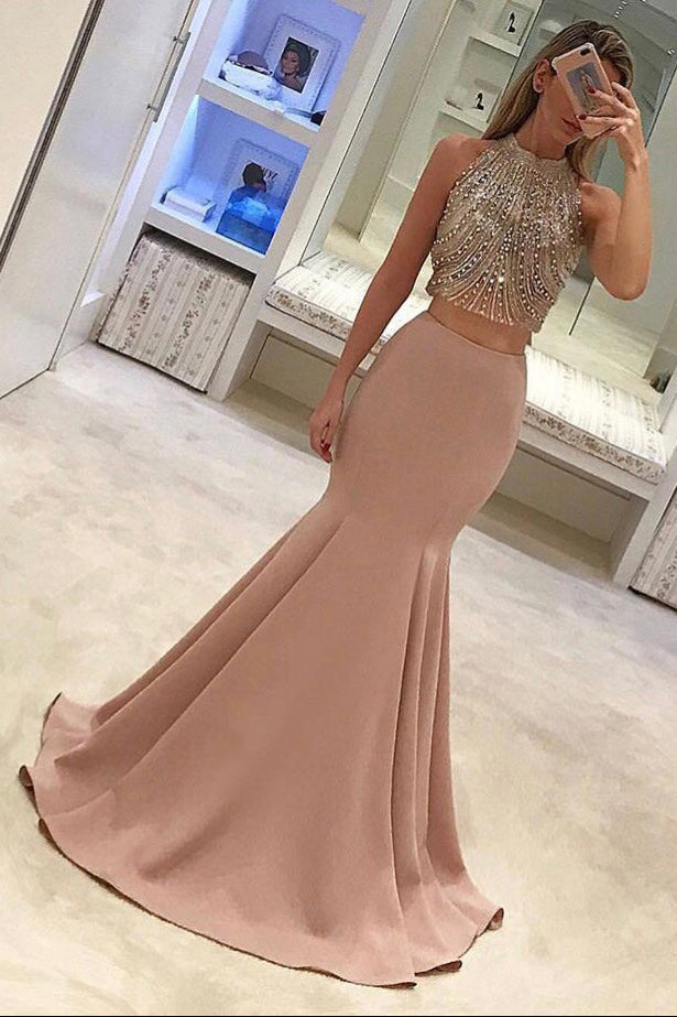 Gorgeous Two Piece Mermaid Prom Dresses Beading Long Formal Dress