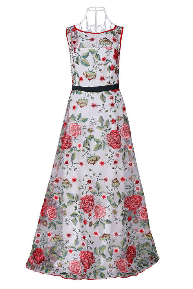 A Line Sleeveless Embroidery Long Evening Dress with Red Flowers N1408