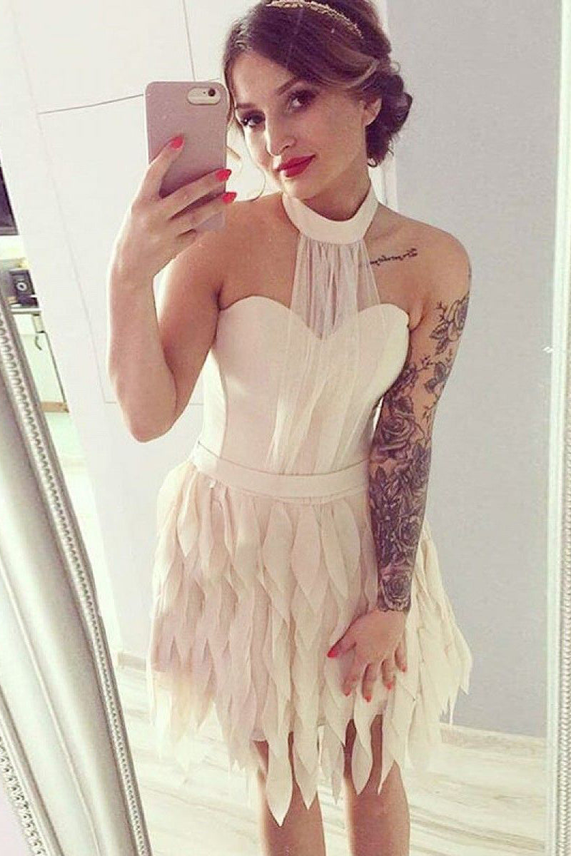 A Line Halter Backless Short Homecoming Dresses with Ruffles Sexy Mini Homecoming Dresses N1911