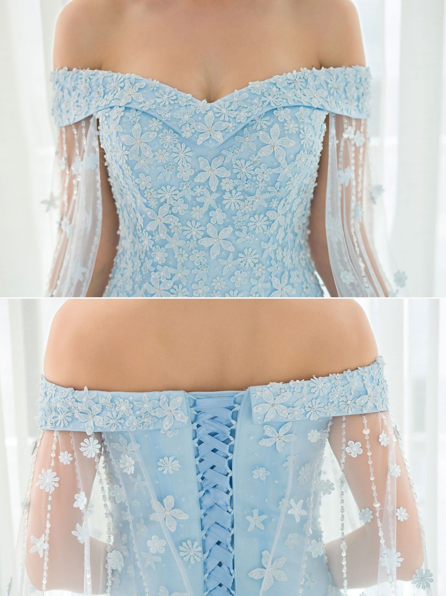 Light Sky Blue Off-the-shoulder Sweep Train Tulle Prom Dresses with Appliques N1253