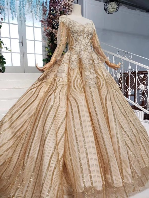Stunning Ball Gown Long Sleeves Prom Dresses Pretty Long Sleeve Quinceanera Dresses N2244