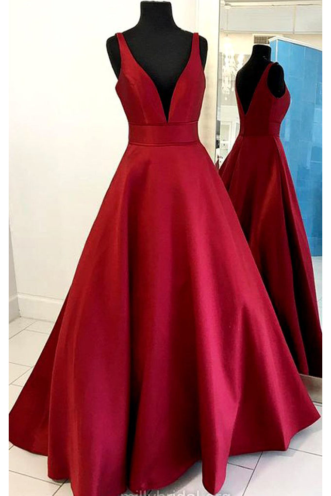 Burgundy Deep V-Neck Satin Long Prom Dresses N1108