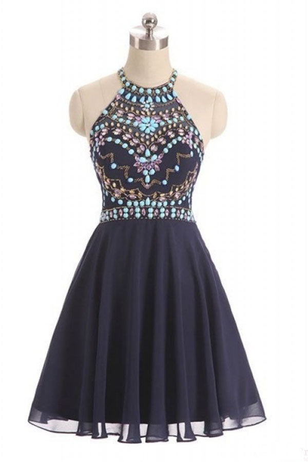 Navy Blue Halter Beading Homecoming Dress, Cheap Chiffon Ruched Graduation Dress