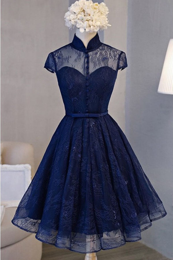 A Line Cap Sleeve Lace Homecoming Dress, High Neck Knee Length Prom Dres