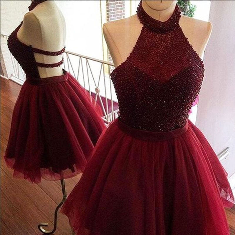 Burgundy Halter Beading Tulle Short Homecoming Dresses