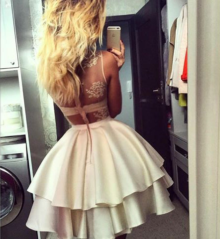 See through Lace Sleeveless Homecoming Dress Tiered Stain Prom
