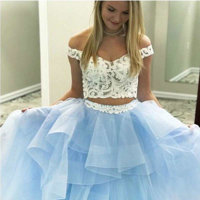 Two Piece Off-the-Shoulder Tiered Blue Tulle Long Prom Dresses with Lace N1276