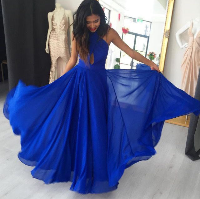 Simple A Line Prom Gown Halter Royal Blue Chiffon Evening Dress