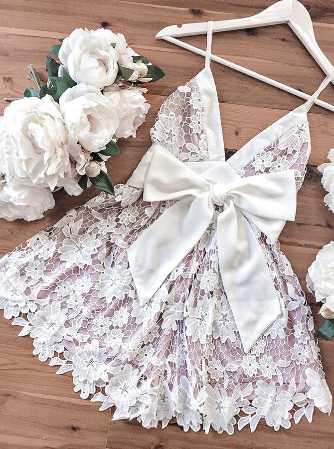 A Line Sexy V-Neck Spaghetti Straps Lace Homecoming Dresses N951