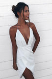 Sexy Asymmetrical Deep V-Neck Halter White Short Homecoming Dress,Mini White Dress,N351