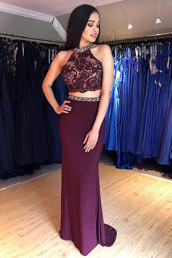 Two Piece Grape Mermaid Open Back Long Prom Dress, Long Beading Evening Dress N1245