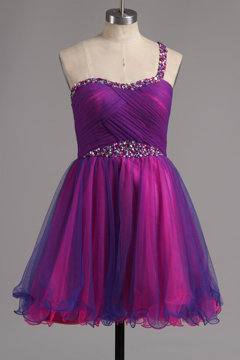 A-line One Shoulder Tulle Short Ruffles Homecoming Dresses with Beads