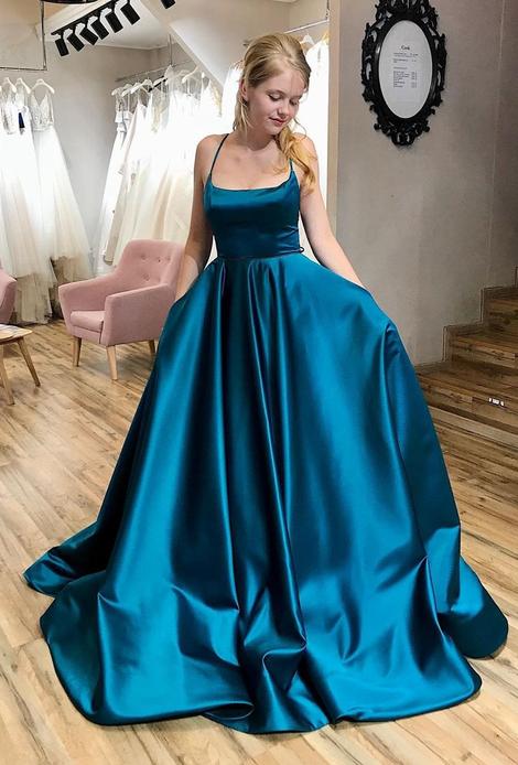 Ink Blue A-Line Satin Spaghetti Straps Pageant Dance Dress School Party Gown Long Prom Dress