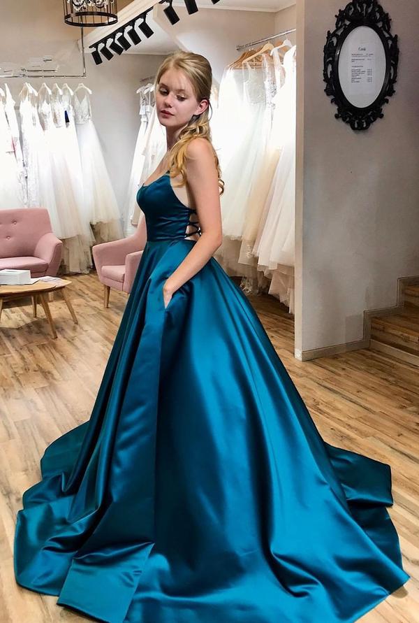 Ink Blue A-Line Satin Spaghetti Straps Pageant Dance Dress School Party Gown Long Prom Dress