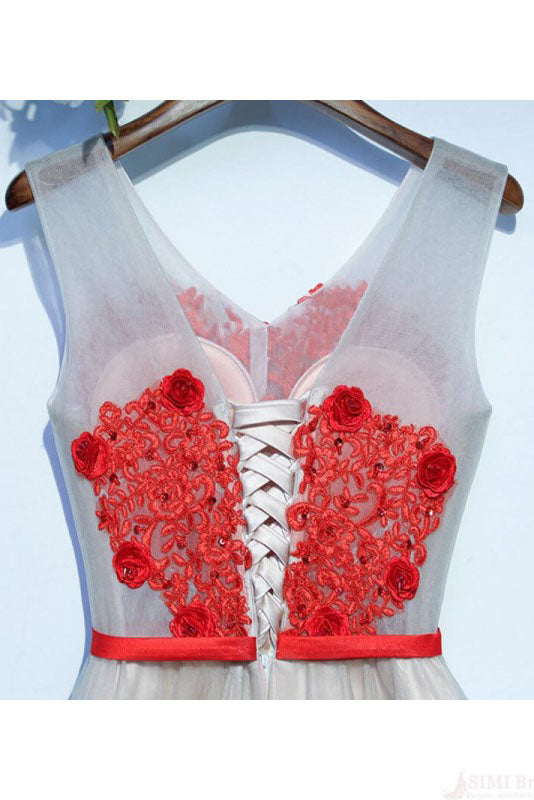 A Line V-Neck Appliqued Homecoming Dresses with Flowers N1020