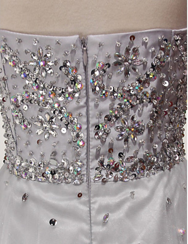 Silver A Line Jewel Sleeveless Organza Prom Dresses with Sequins Crystals N861